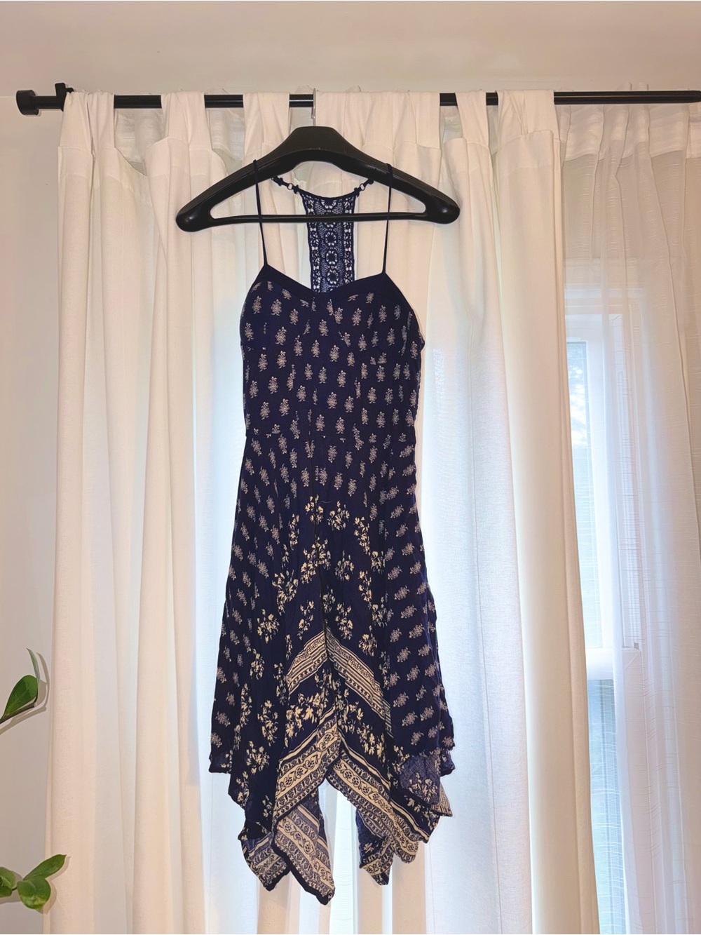 Band of Gypsies Navy Handkerchief Hem Dress w crotchet T Back and Built In Cups